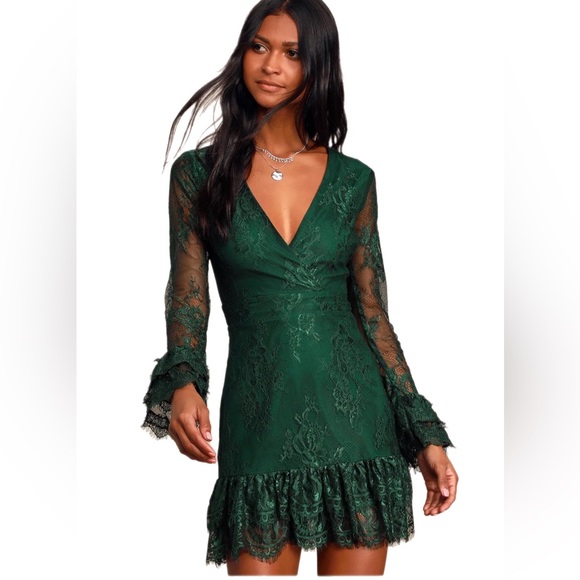 Lulus Dresses & Skirts - Lulus Emerald All Yours Lace Long Sleeve Ruffled Mini Dress